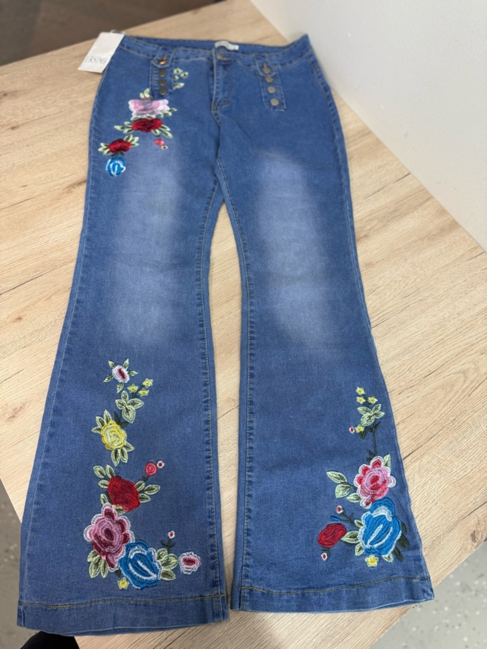 Floral Embroidery Denim High Waist Y2K Bikercore Flare Boho Jeans Sz XL, NWT